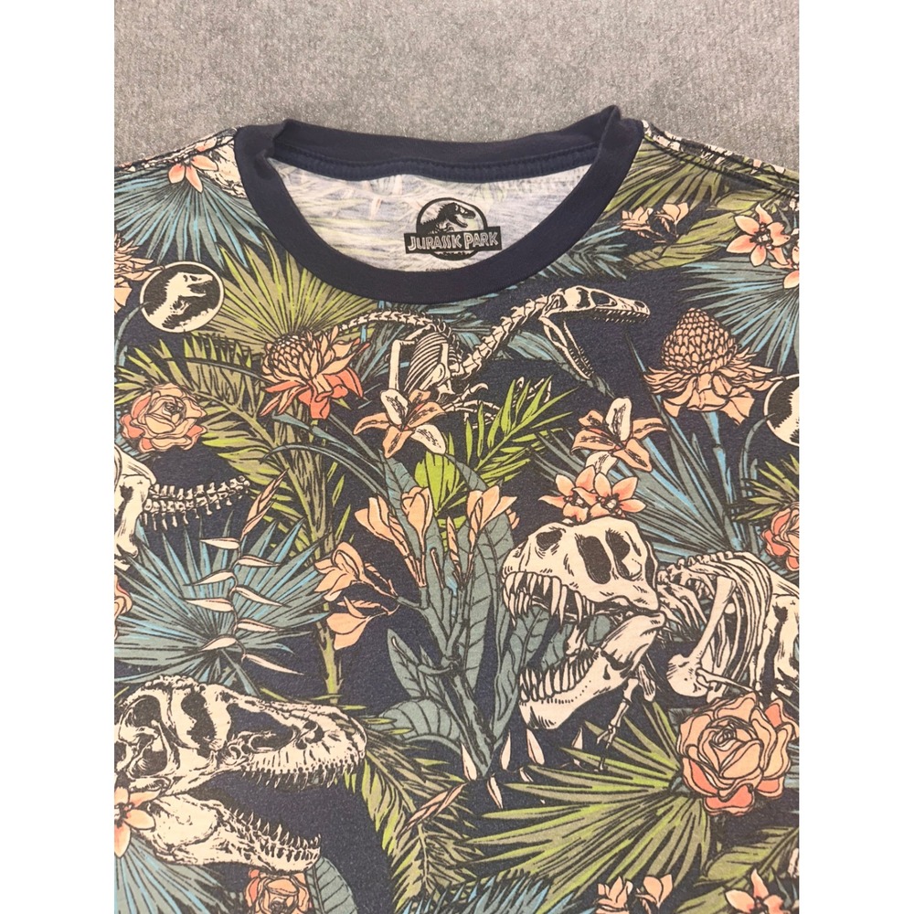 Jurassic Park Mens All Over Print Dinosaur Skeleton Tropical Floral T-Shirt Navy